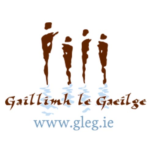 Gaillimh le Gaeilge Logo – A cultural and language-focused logo featuring brown silhouettes of people standing in water, with text reading "Gaillimh le Gaeilge" and the website "www.gleg.ie," promoting the Irish language in Galway.