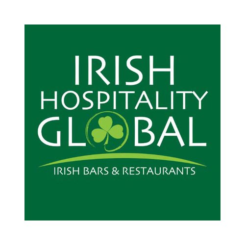 Irish Hospitality Global Logo – A green square logo with white text reading "Irish Hospitality Global," accompanied by a shamrock symbol and the tagline "Irish Bars & Restaurants," representing a global network of Irish hospitality businesses.