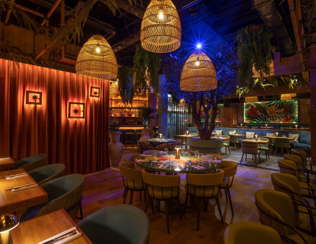 HYDE Bar Interior with Warm Lighting – A modern, stylish restaurant with ambient lighting, woven pendant lamps, and lush greenery, creating a cosy and elegant dining space.